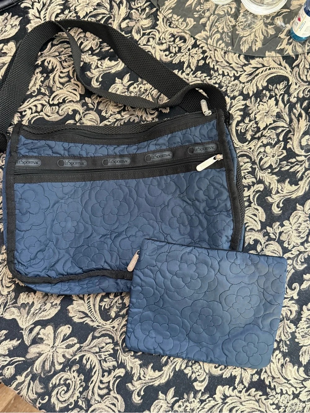 Lesportsac Navy Quilted Crossbody Messenger with Matching Pouch